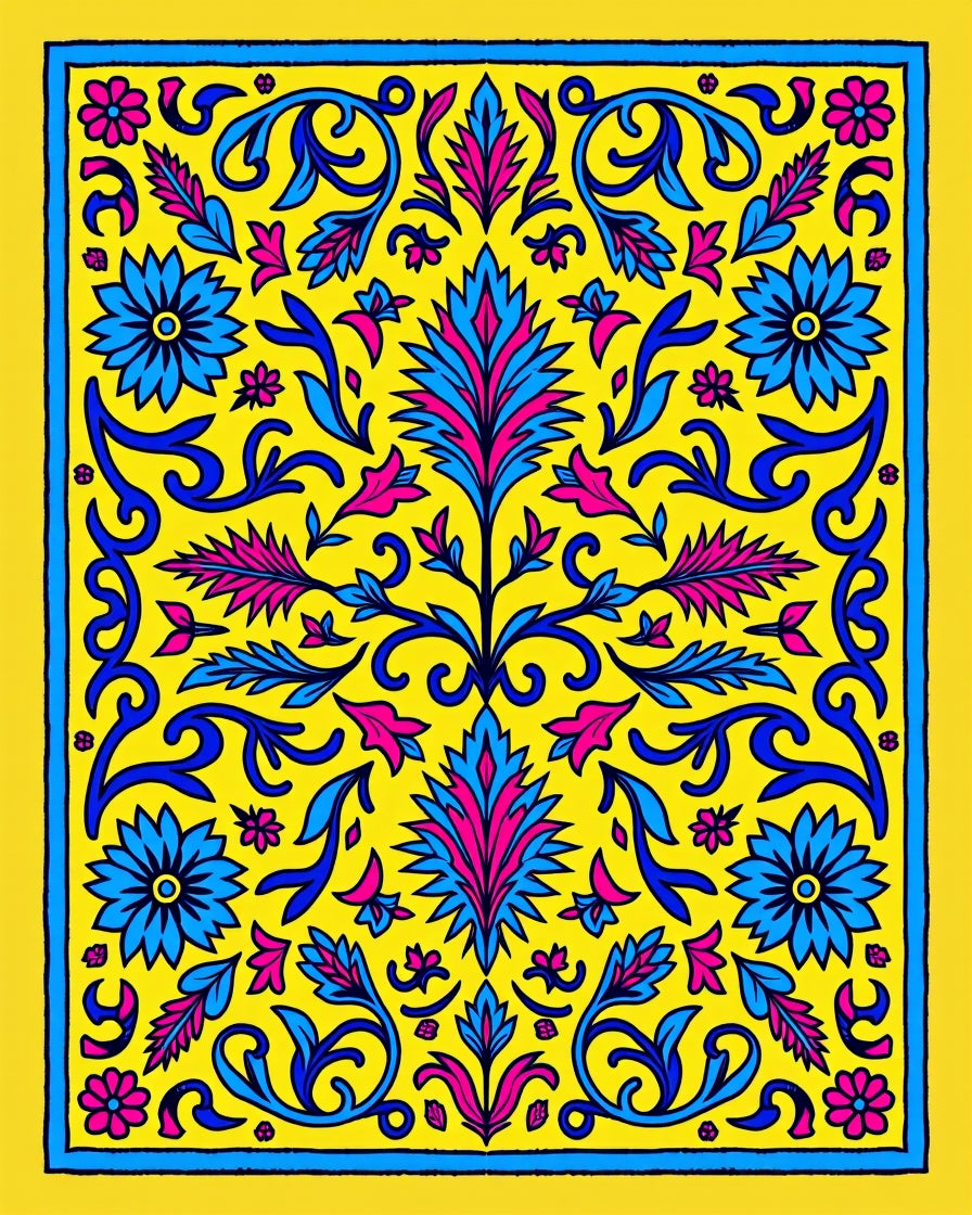 Vibrant Yellow Blue Pink Floral Medallion Rug