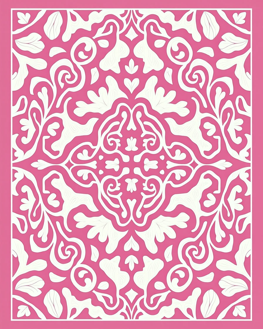 Pink White Floral Damask ScrollRug Rug