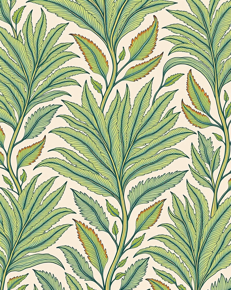 Green Fern Leaf Botanical Illustration Rug