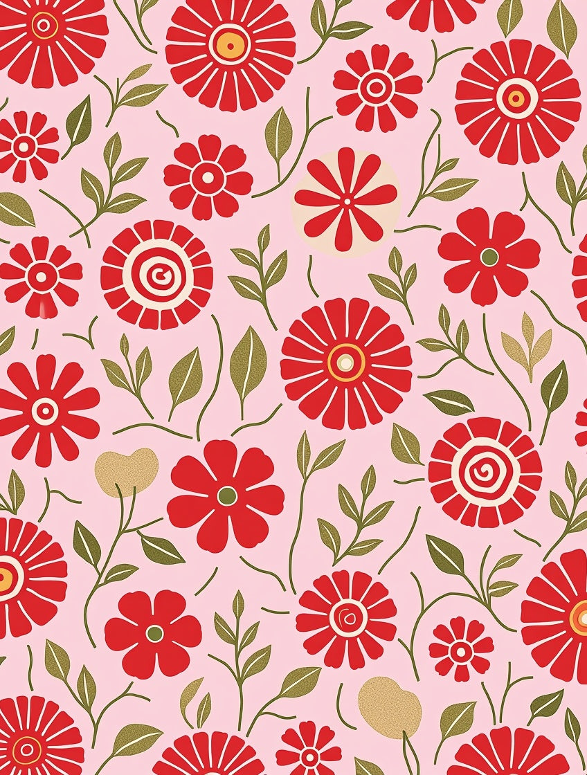 Retro Red Daisy Garden on Pink Rug