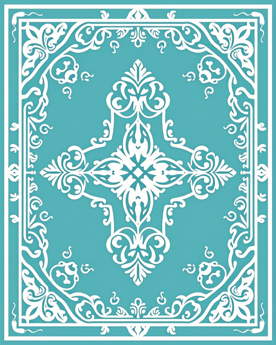 Elegant White Teal Medallion Scroll Rug