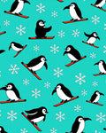 Playful Penguins Skiing Snowflake Turquoise Rug