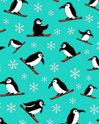 Playful Penguins Skiing Snowflake Turquoise Rug