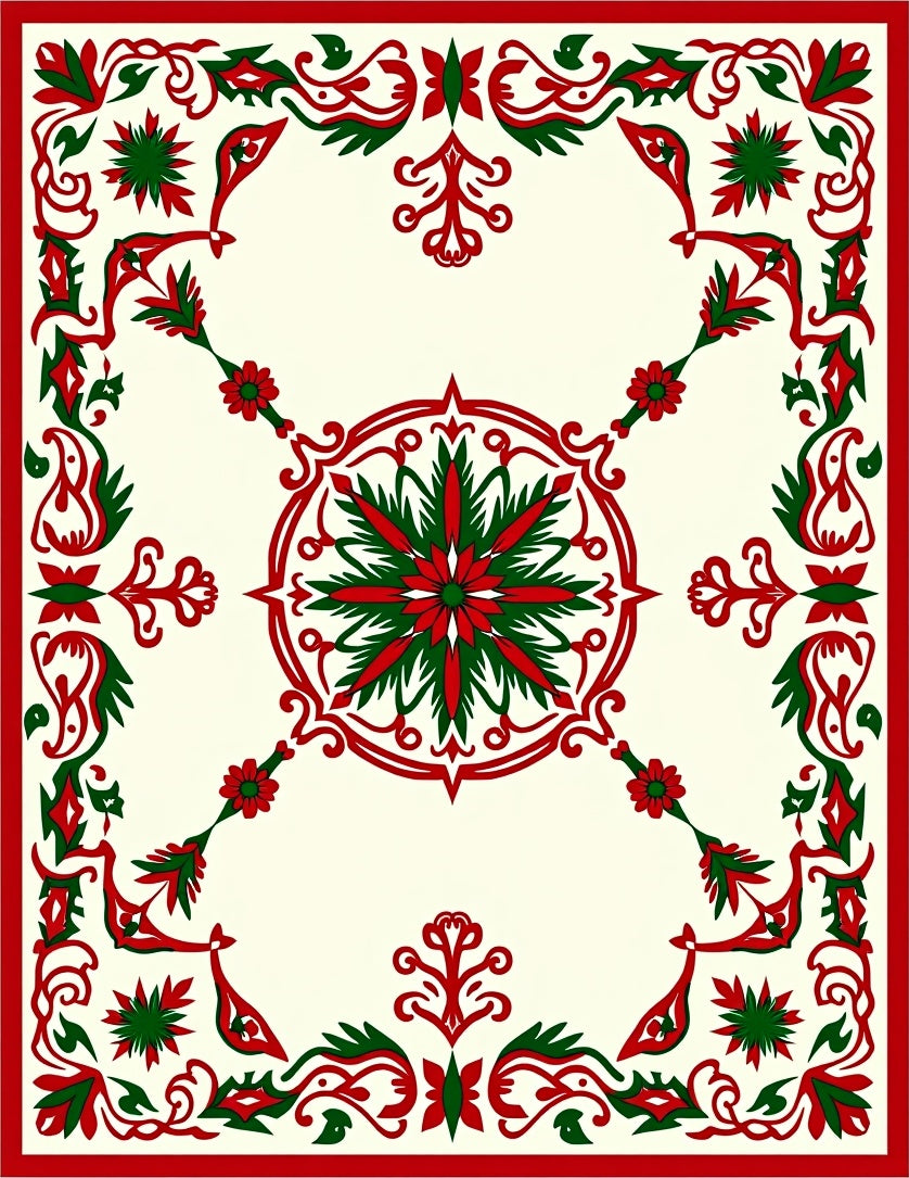 Crimson Green Floral Medallion Border Rug