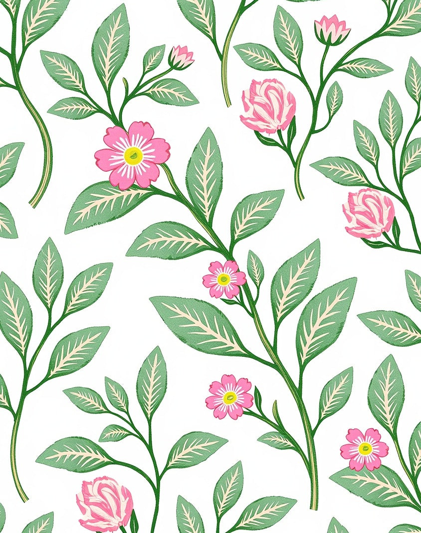 Pink Blossom Green Leaf Arrangement Rug