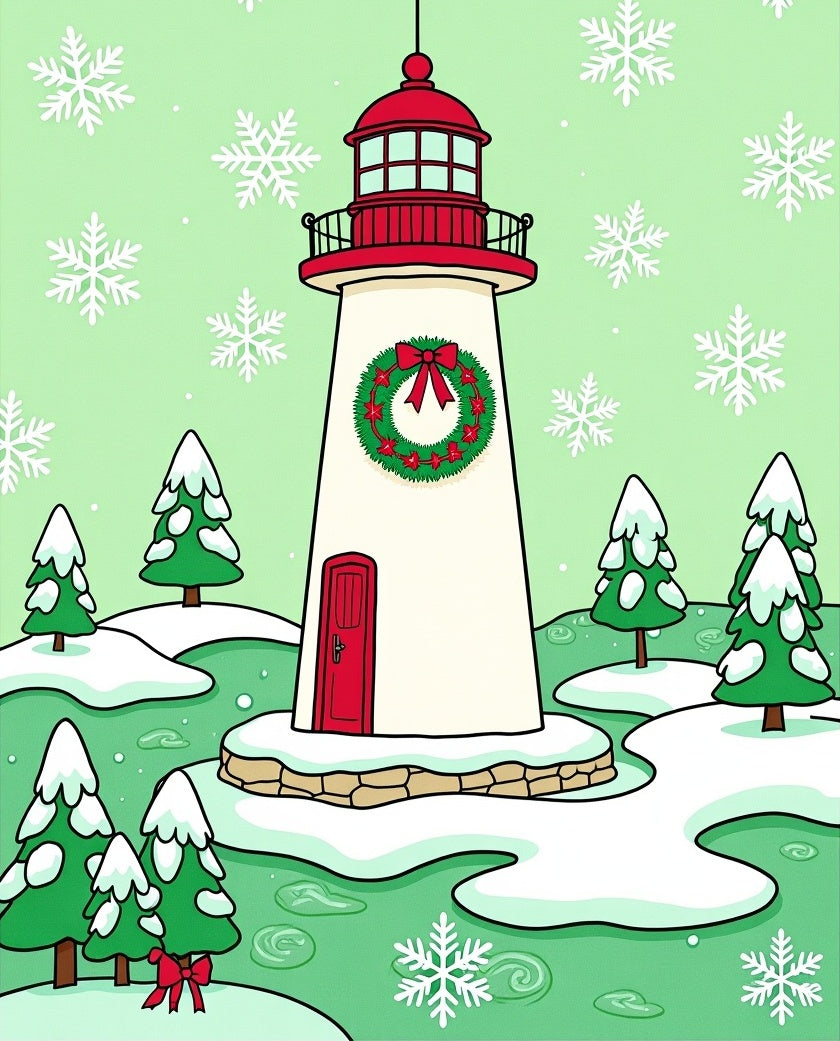 Festive Christmas Lighthouse Snowfall Scene Rug