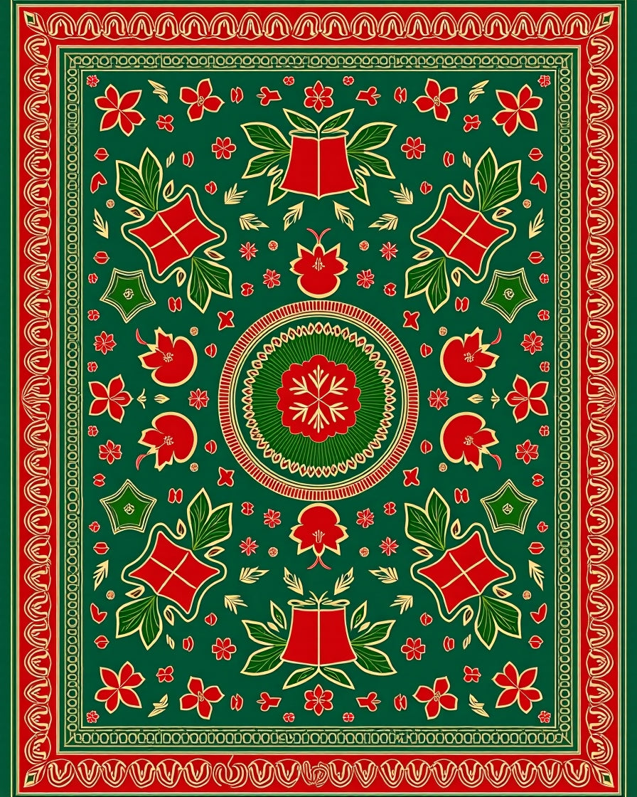 Red Green Floral Medallion Bordered Rug