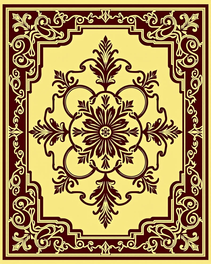 Ornate Burgundy Floral Medallion Yellow Rug