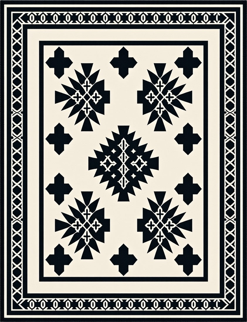 Black White Geometric Medallion Sunburst Rug