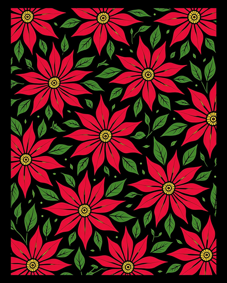 Crimson Red Poinsettia Garden Black Rug