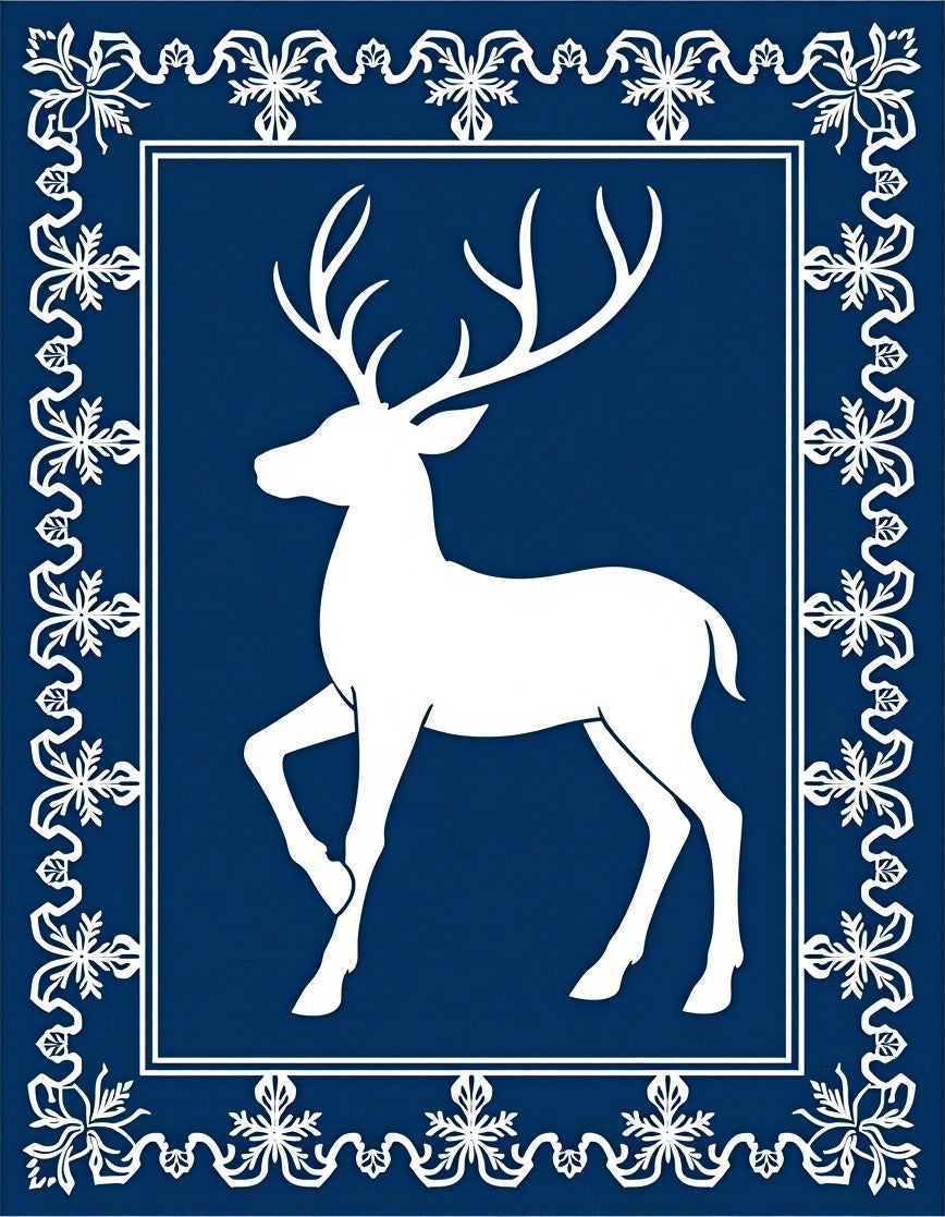 Majestic White Deer Blue Floral Border Rug