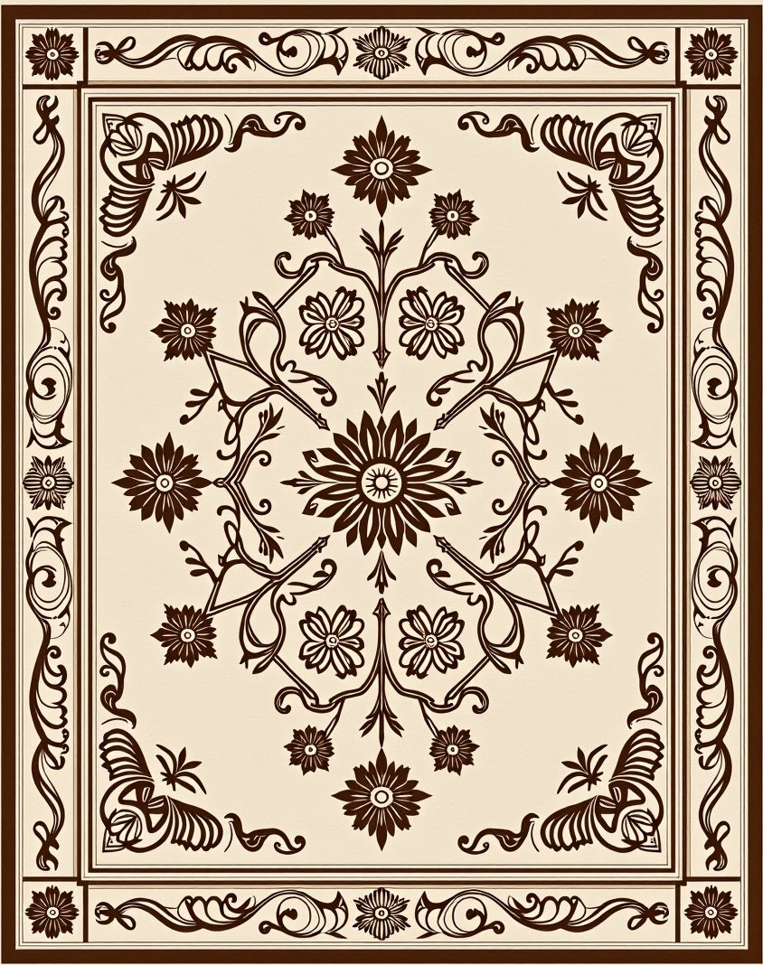 Ornate Brown Floral Scroll Medallion Rug