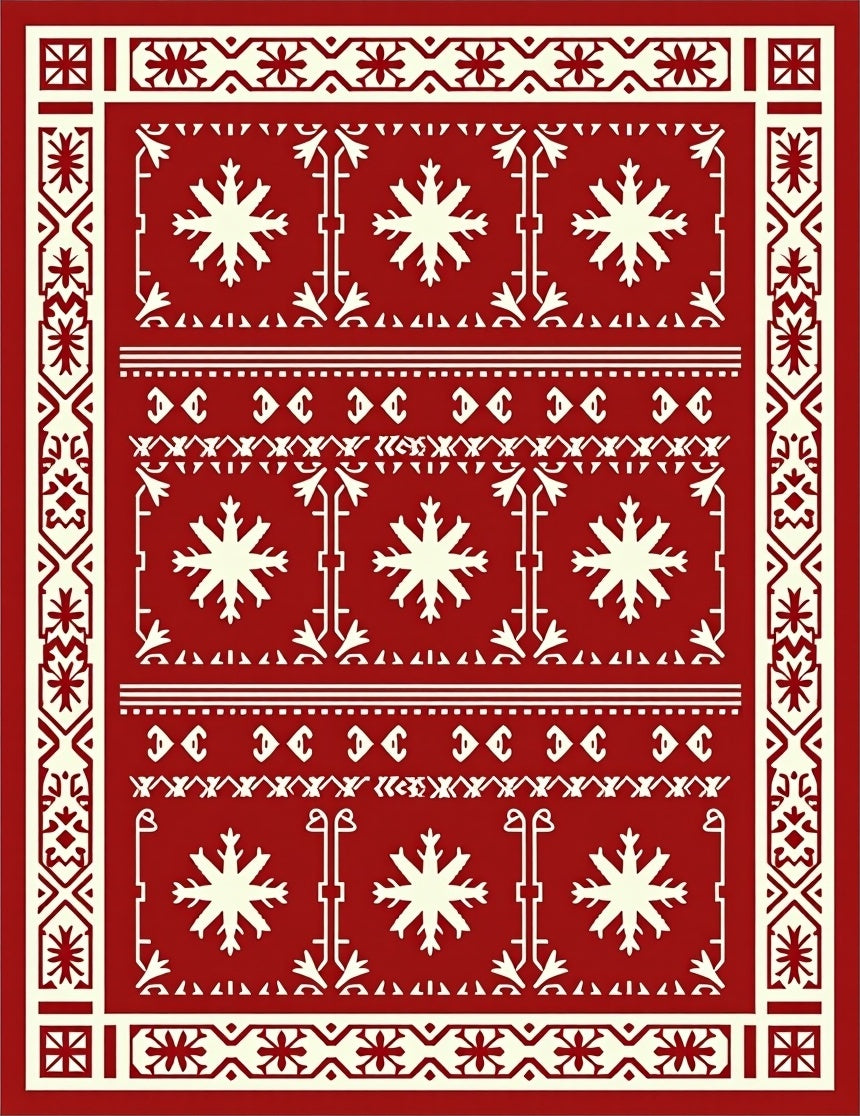 Crimson And Cream Snowflake Border Rug