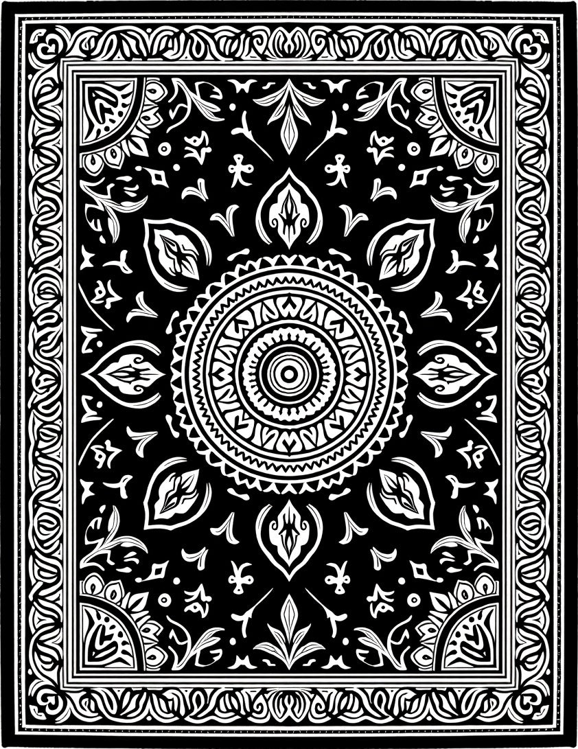 Black White Floral Mandala Border Rug