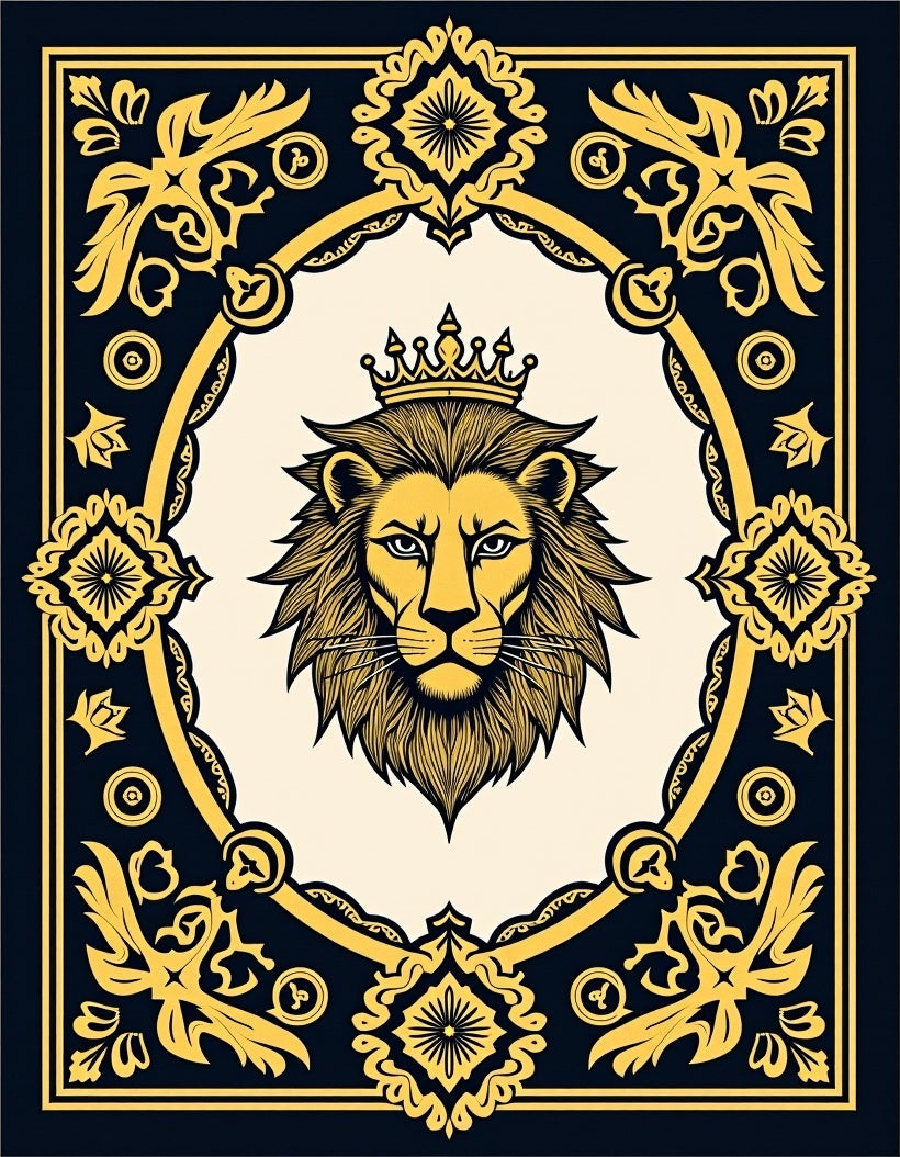Regal Lion With Crown Black Gold Rug