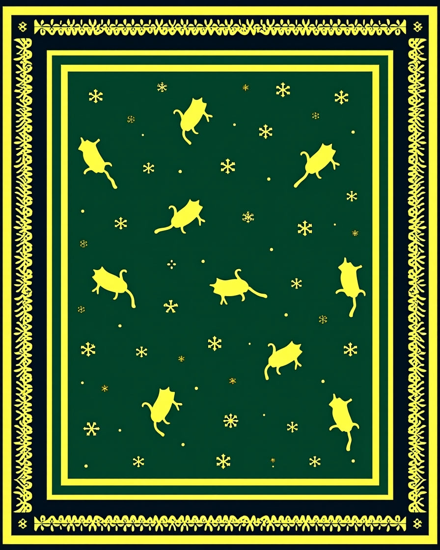 Yellow Cats Snowflakes Green Area Rug