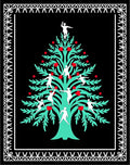 Black Aqua Red Folk Tree Figures Rug