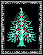 Black Aqua Red Folk Tree Figures Rug