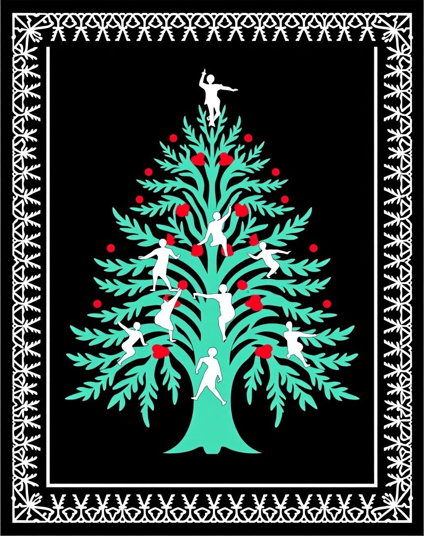 Black Aqua Red Folk Tree Figures Rug
