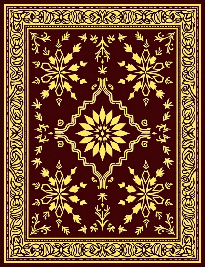 Crimson Yellow Floral Scrollwork Border Rug