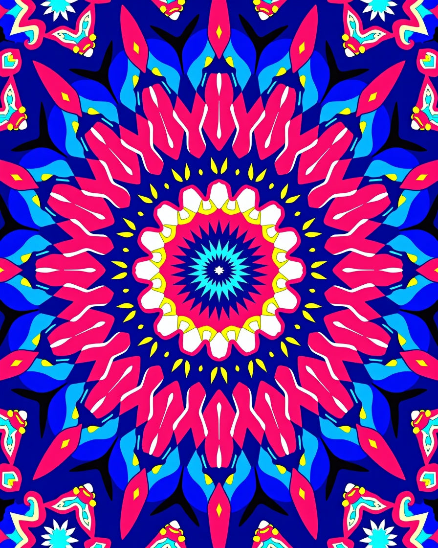 Vibrant Pink Blue Yellow Starburst Rug