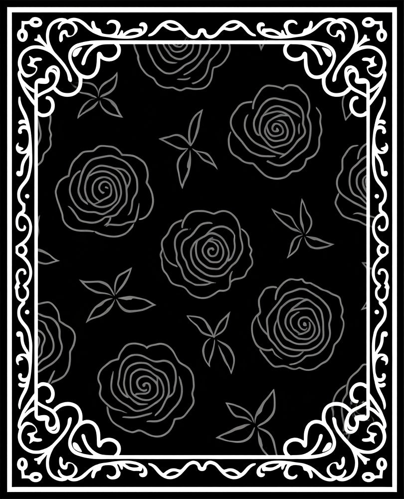 Monochromatic Black Rose Floral Frame Rug