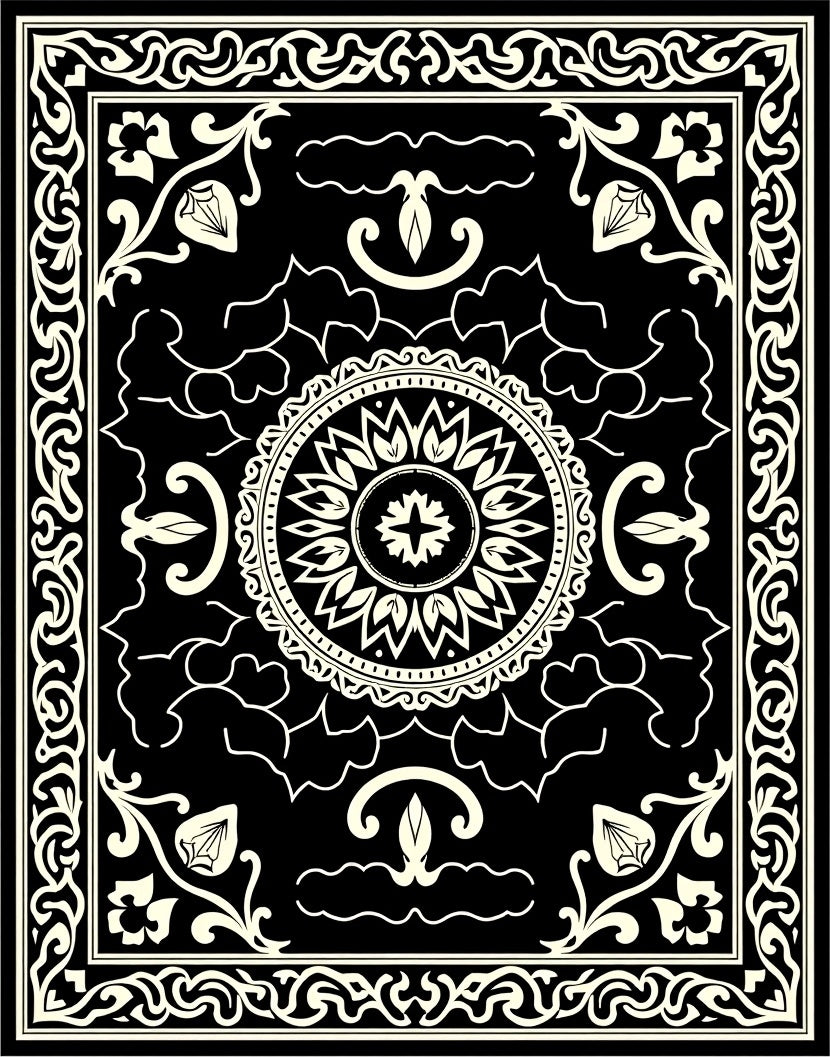 Black Ivory Floral Medallion Frame Rug