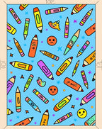 Playful Crayon Characters Scattered Across Blue Rug