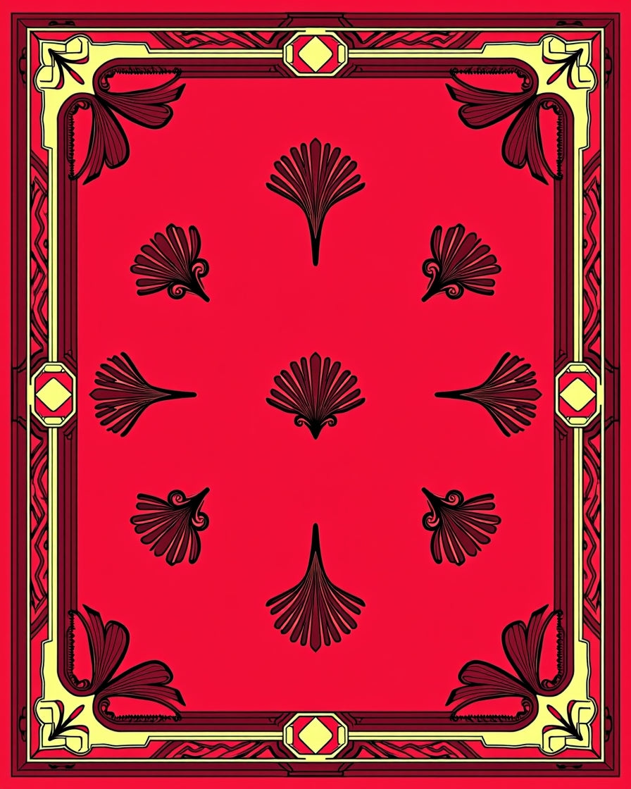 Crimson Yellow Fan Border Medallion Rug