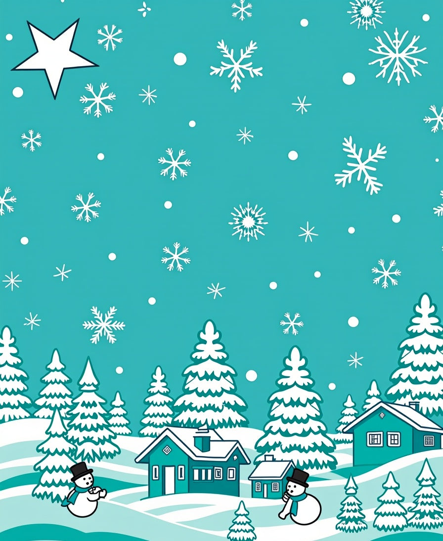 Teal Snowy Starry Winter Village Rug