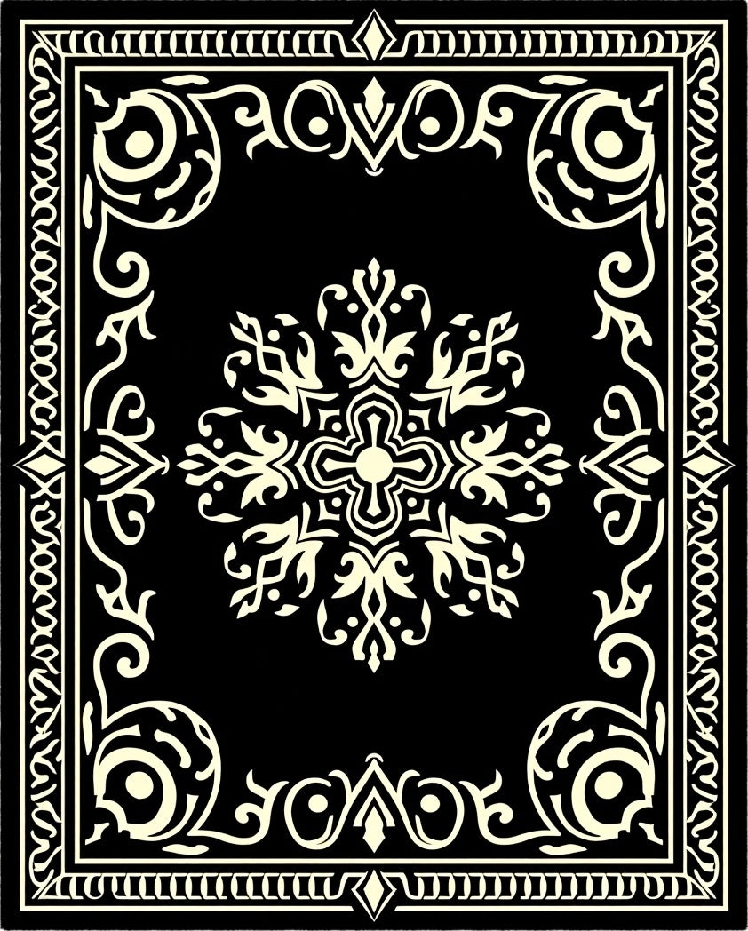 Ornate Black Ivory Medallion Border Rug