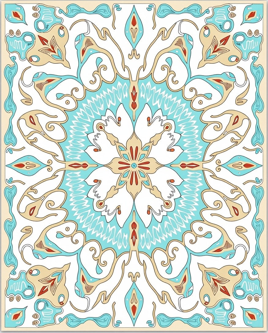 Ornate Teal Floral Medallion Symmetry Rug