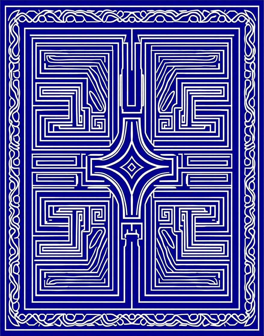 Intricate Blue White Geometric Maze Rug