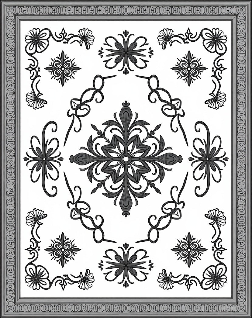 Monochromatic Floral Scroll Ornament Frame Rug