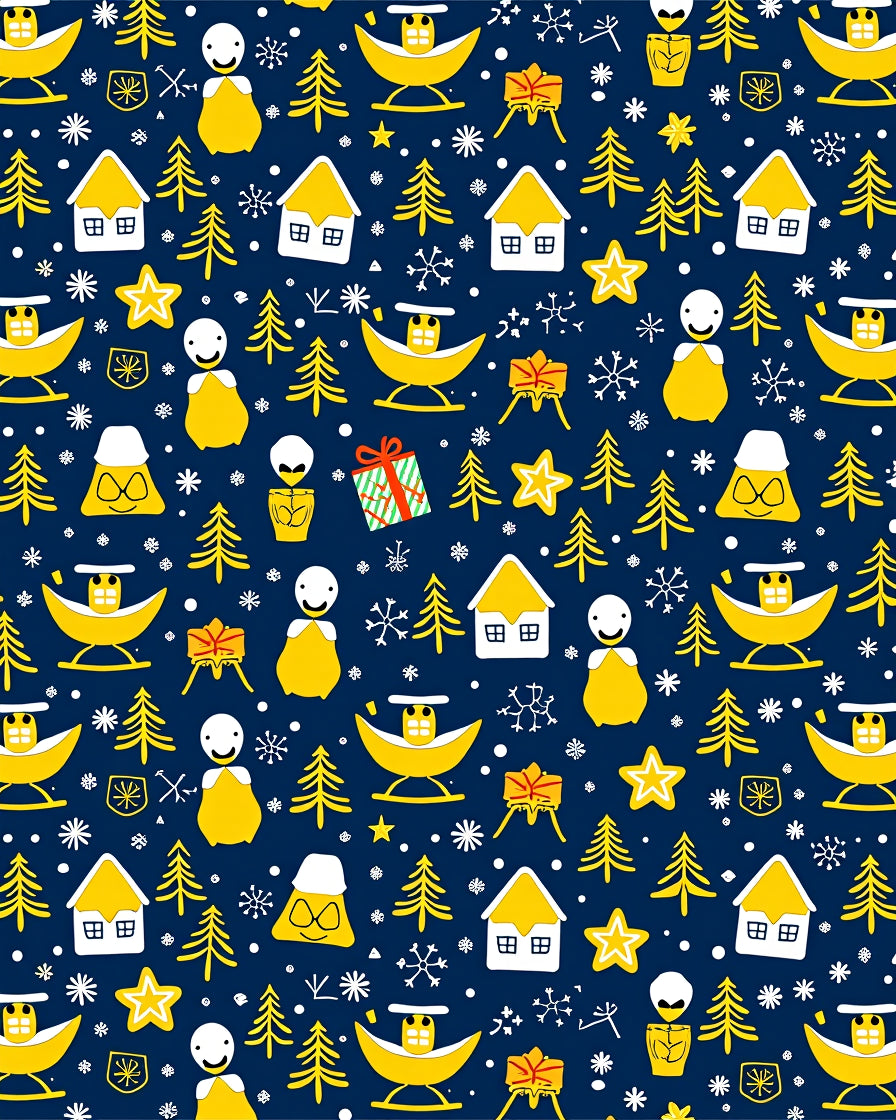 Yellow Christmas Houses Trees Stars Snowflakes Rug