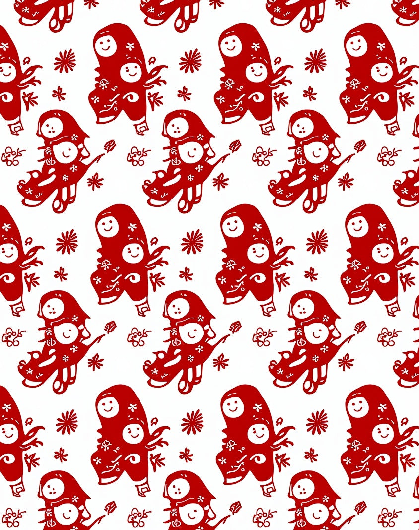 Red Chinese Folk Art Characters Rug
