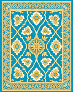Turquoise Floral Medallion Ivory Gold Border Rug