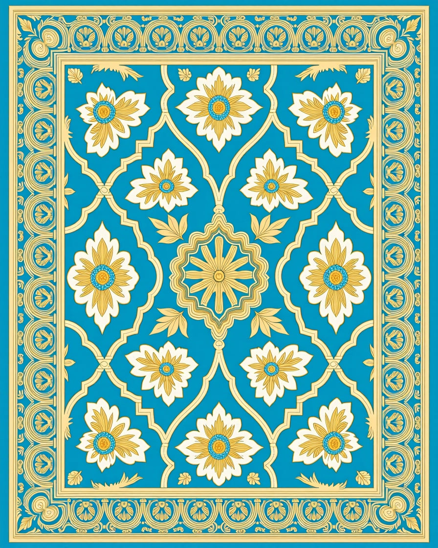 Turquoise Floral Medallion Ivory Gold Border Rug