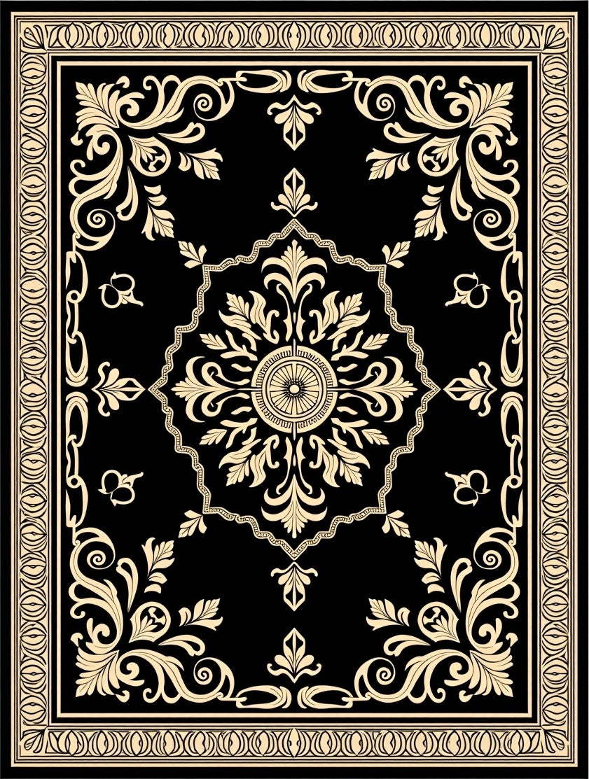 Black Cream Damask Scroll Medallion Rug