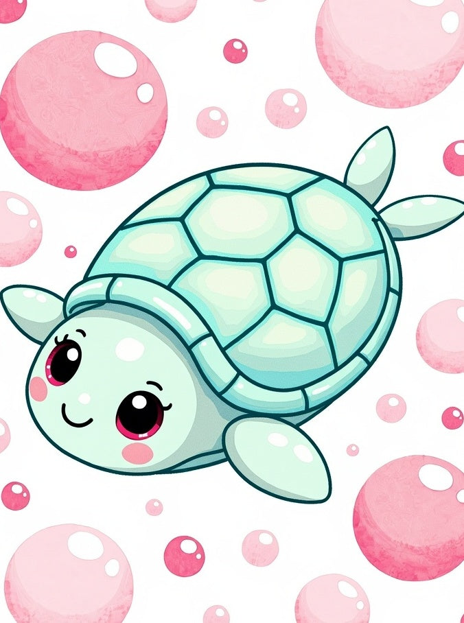 Kawaii Teal Turtle Pink Bubbles Rug
