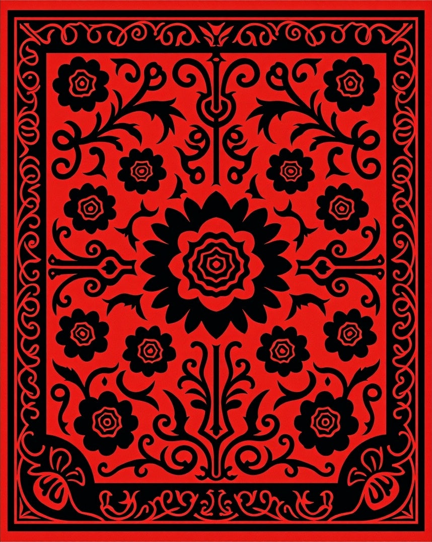 Bold Floral Red Black Border Rug