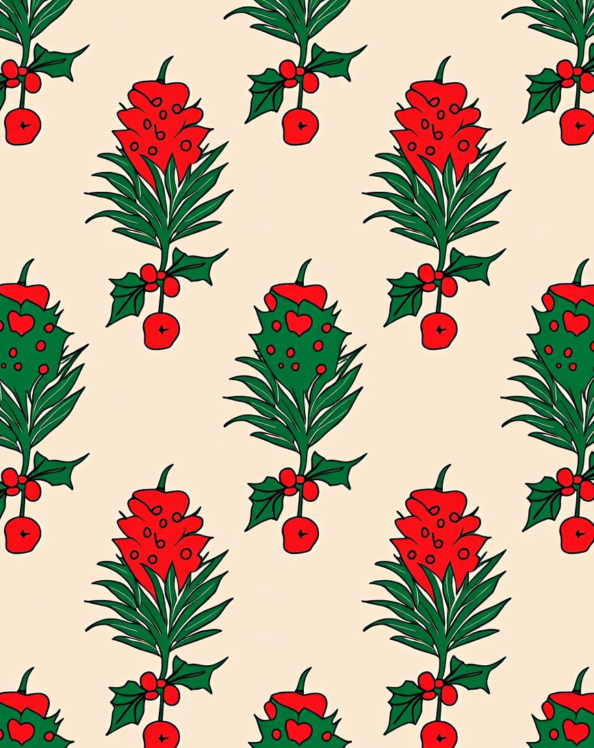 Festive Red Green Holly Berry Branch Rug