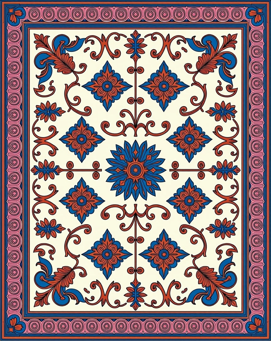 Coral Blue Floral Vine Medallion Rug