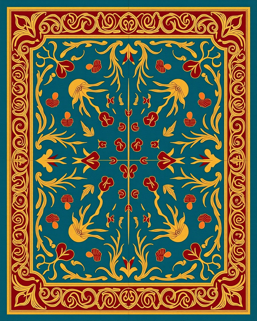 Grand Teal Red Golden Floral Ornament Rug