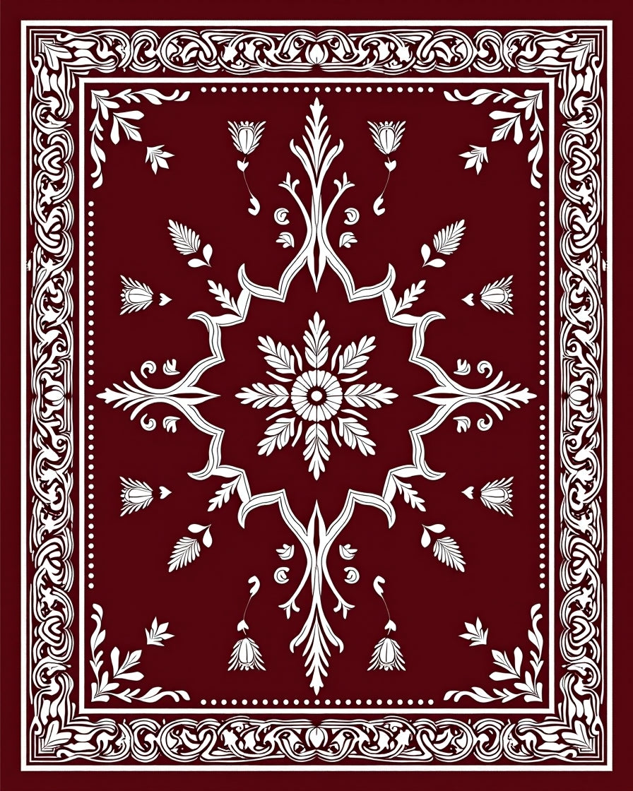 Deep Red White Floral Starburst Rug