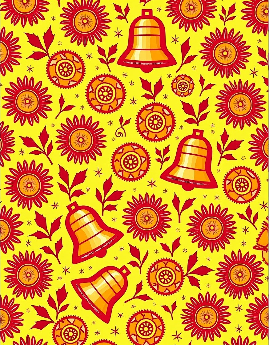 Vibrant Yellow Bells Floral Folk Art Rug