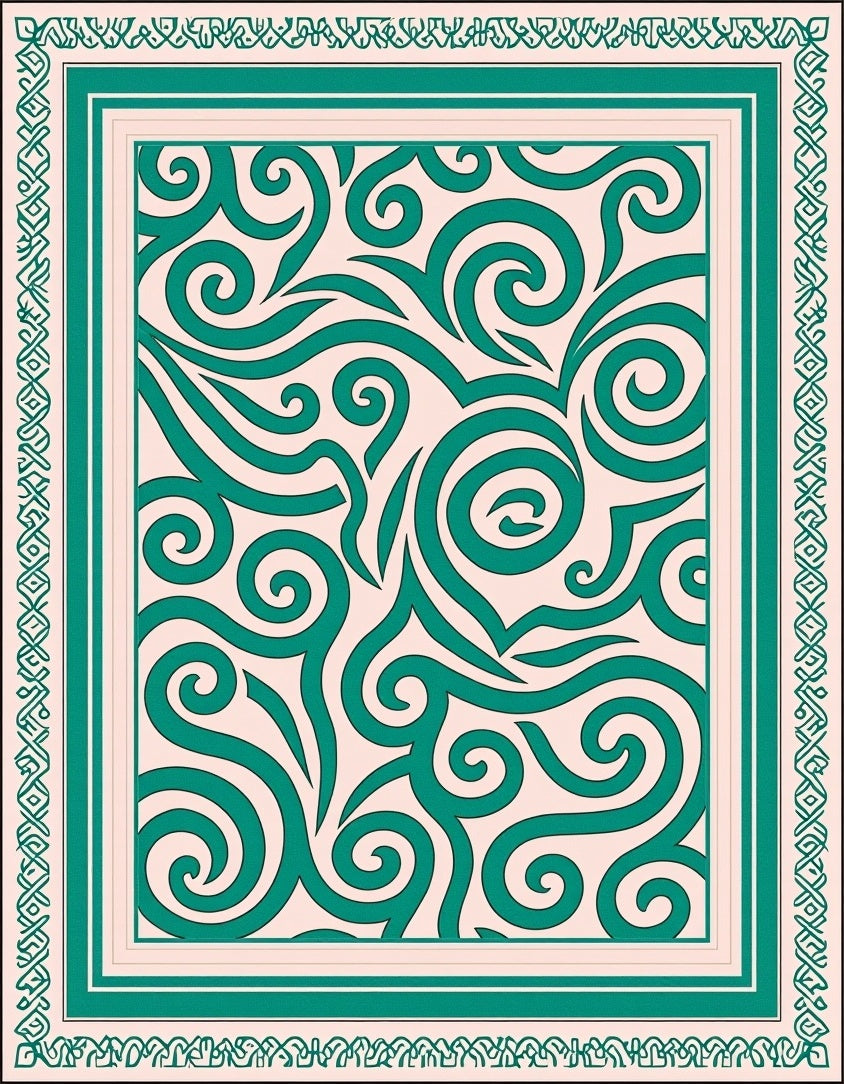 Teal Swirl Ivory Medallion Border Rug