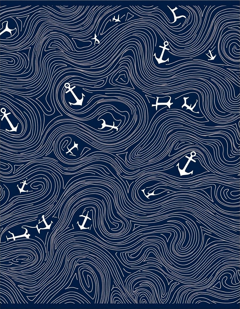 Navy White Anchor Swirl Nautical Rug