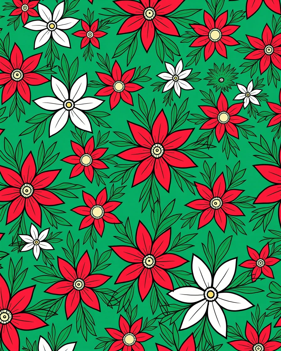 Red White Floral Accents Green Background Rug