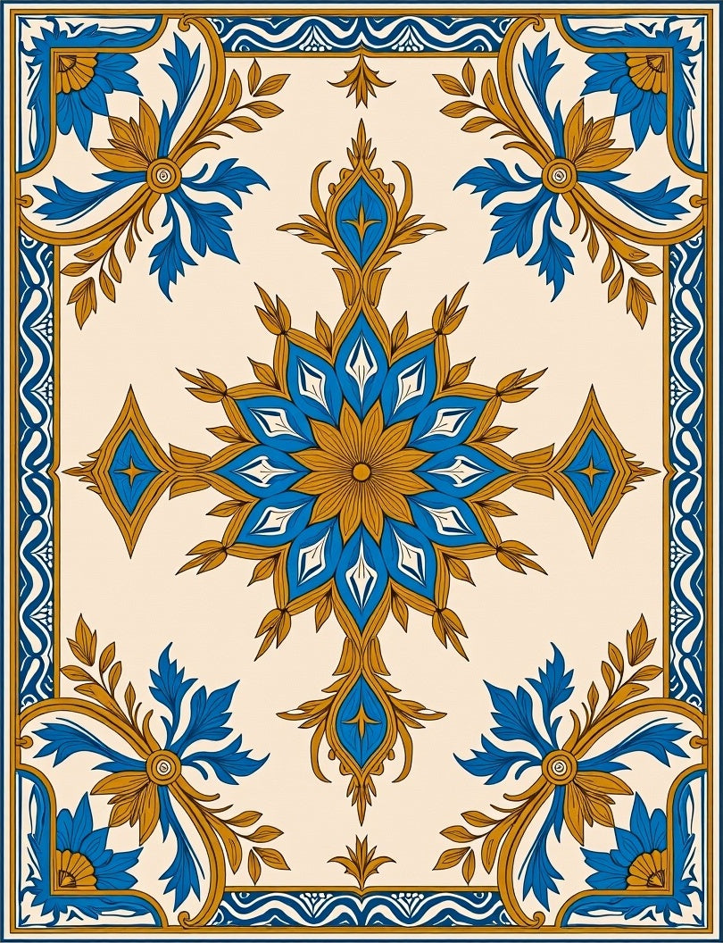 Blue Gold Floral Medallion Border Rug